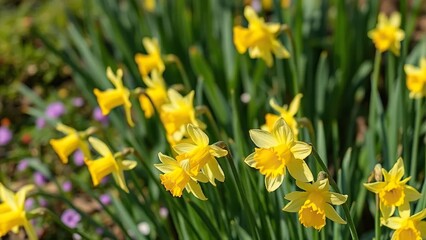 Daffodils swaying in the gentle breeze amidst lush greenery, flowers, daffodil, bright colors