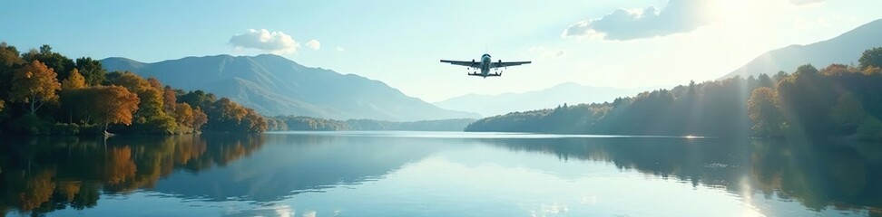 Small white plane seen from below as it flies over a peaceful lake, sky, landscape, aircraft