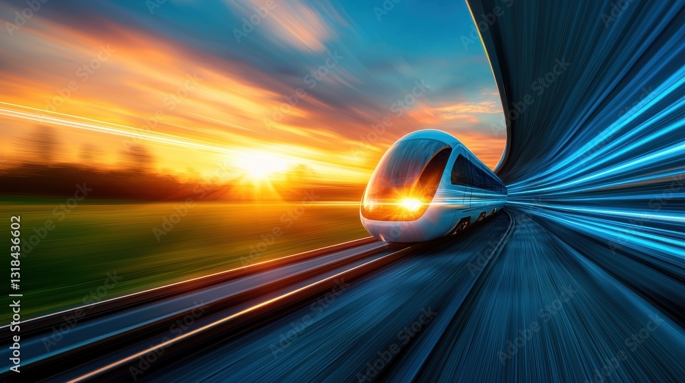 Poster a hyperloop capsule hurtling through a tunnel illuminated by a mesmerizing blue light trail, creatin