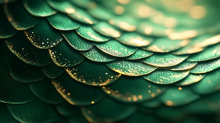 Obraz premium Abstract wave of dragon scales, intricate details in metallic green and golden hues, glowing reflections and smooth gradients, mythical and harmonious design, hd quality. --ar 16:9