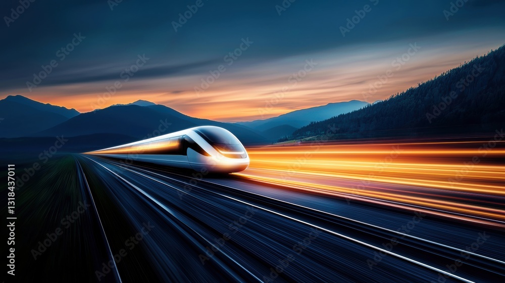 Poster an artistic representation of a hyperloop pod as a streak of light, cutting through a darkened lands