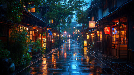 雨に濡れる石畳の和風街並み