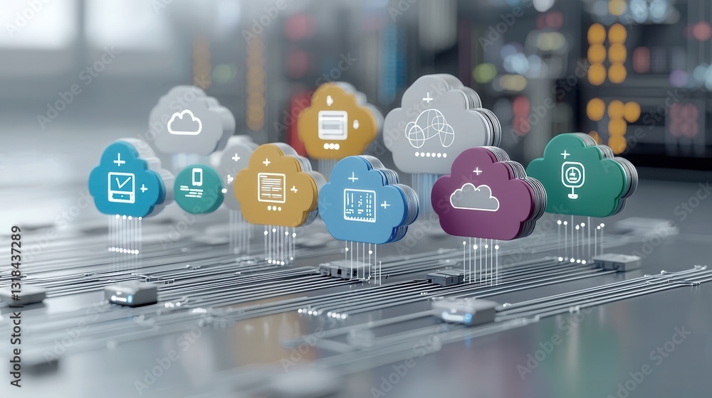 Poster futuristic 3d rendered digital concept of a multi cloud computing technology platform with various c