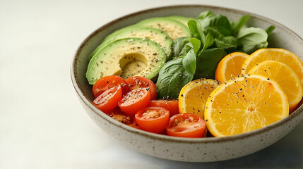 Healthy Colorful Bowl with Avocado, Orange, and Tomatoes