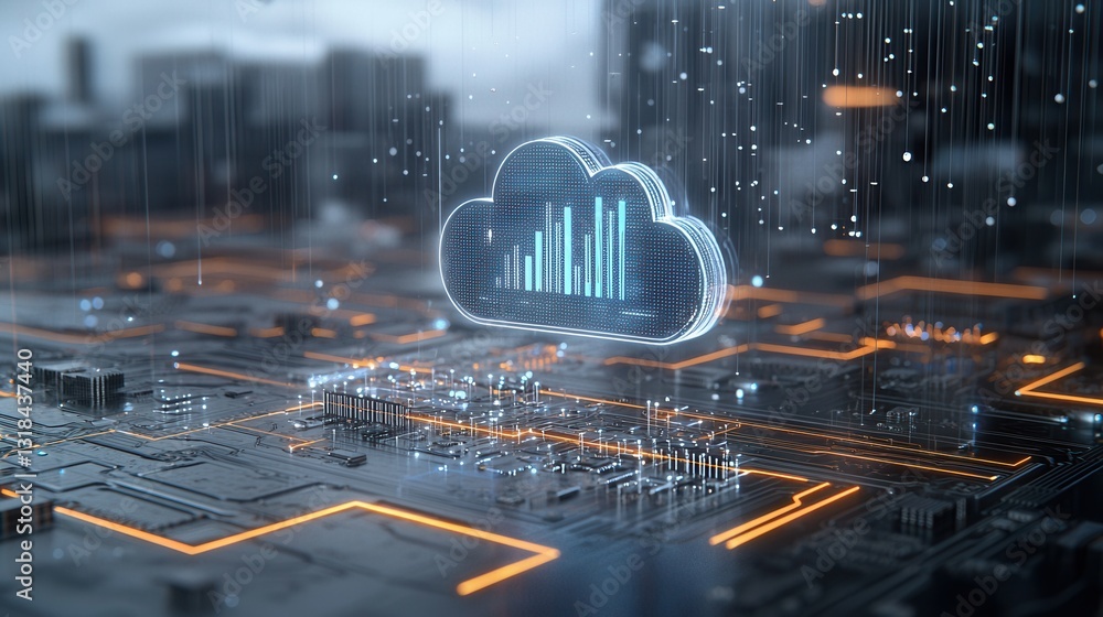 Poster a captivating 3d rendered digital showcasing a futuristic cityscape with cutting edge cloud based da