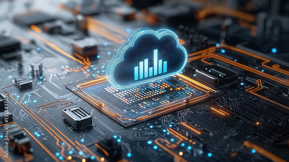 Poster a futuristic 3d rendered digital featuring a glowing cloud like structure with intricate circuits da