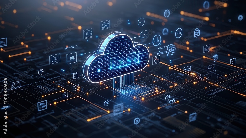 Poster futuristic 3d rendered digital depicting a complex cloud network technology system with interconnect