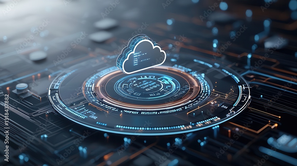 Poster futuristic 3d rendered showcasing a cloud based digital interface and network infrastructure symboli