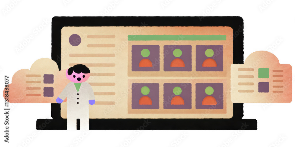 Aufkleber illustration of a scientist with data visualization elements.