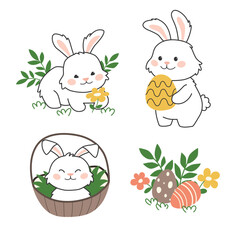 Collection of Easter bunnies. Cute holiday characters. Traditional symbol of the Easter hunt. Colorful eggs for religious celebration