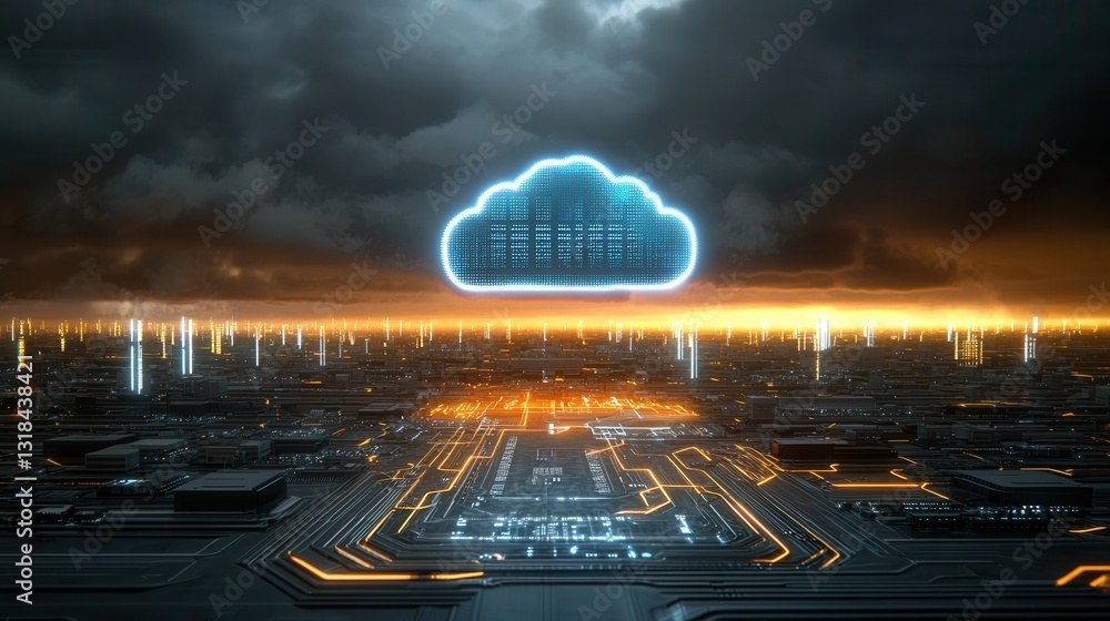 Poster futuristic digital depicting a dramatic moody cityscape with a glowing cloud like technology infrast