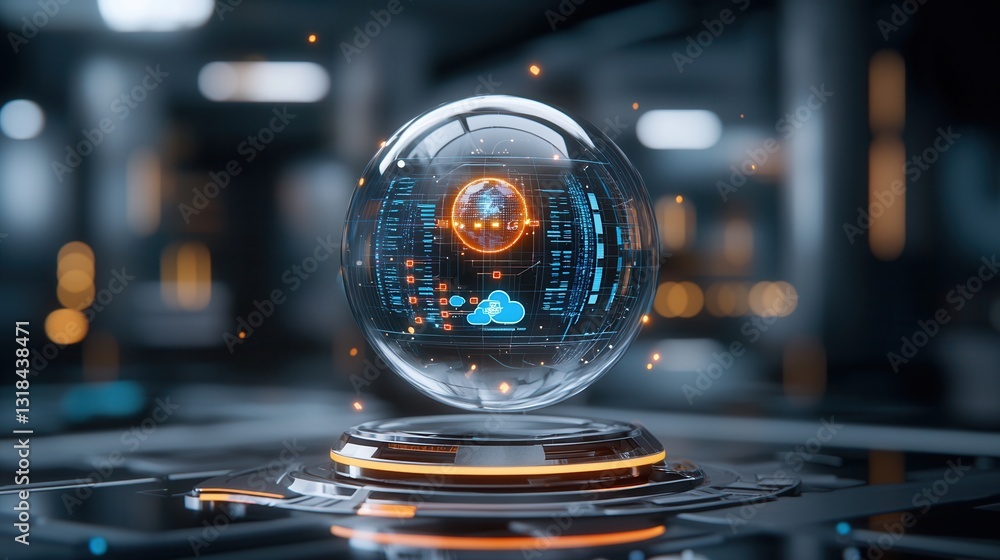 Poster transparent futuristic digital orb displaying dynamic data analytics and information on a sleek holo