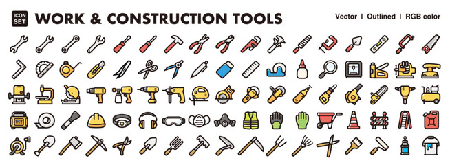 Work and construction tools illustration icon set.Simple vector outlines, clipart for graphic design.