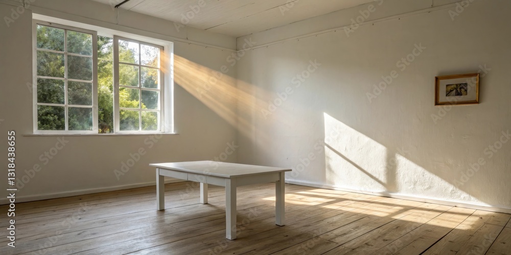 Poster a single white table stands in the middle of a room with light streaming through a large window cast