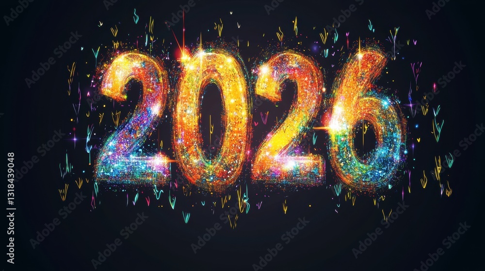 Poster bright and colorful display of the year 2026, enhanced with sparkling lights and vibrant patterns ag