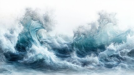 The scene portrays a calm landscape where deep blue ocean waves meet a white foam-covered shore, all set against a broad white background that emphasizes the tranquil beauty of the natural setting