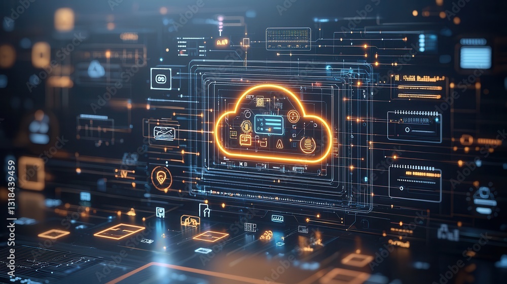 Poster futuristic cyberpunk inspired digital artwork featuring a glowing cloud computing technology with in