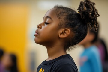 Black elementary student does breathing exercise during Yoga class at school gym