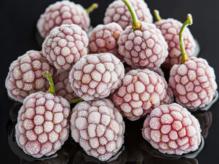 Frozen white mulberries with frosty texture on reflective black surface
