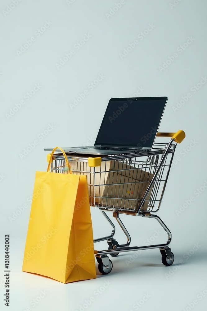 Poster laptop computer sitting on a shopping bag in an empty cart with a stack of product package boxes nex