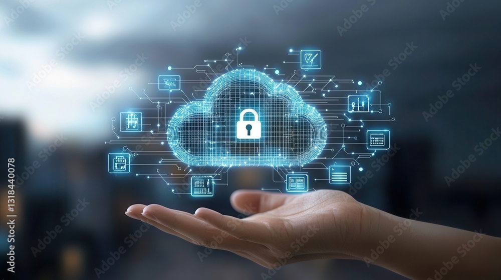 Poster futuristic high tech digital featuring a cloud based cybersecurity and data protection ecosystem the