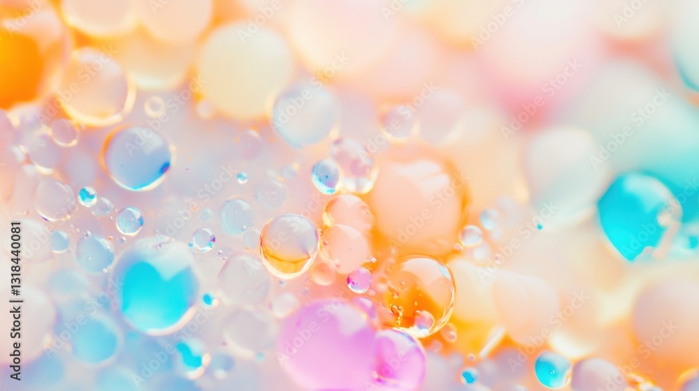 Poster small droplets in various colors cover a surface, creating an abstract and vibrant display of light 