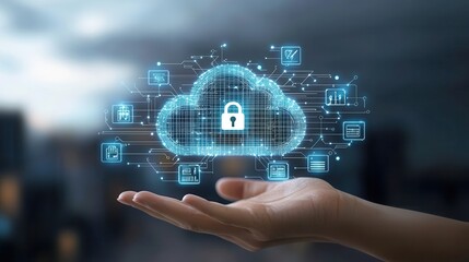 Futuristic high tech digital featuring a cloud based cybersecurity and data protection ecosystem  The image showcases the convergence of advanced technologies secure data storage