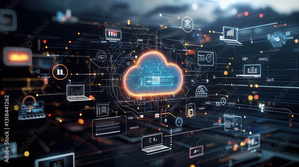Poster futuristic neon styled digital artwork depicting a multi layered cloud computing ecosystem with vari