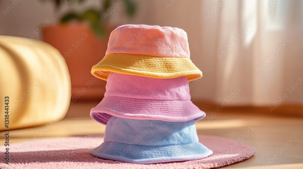 Aufkleber brightly colored bucket hats are artfully arranged on a pastel rug, filling the bright space with a 