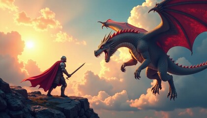 A brave knight clashes with a fierce dragon in the sky , battle, fantasy, clouds