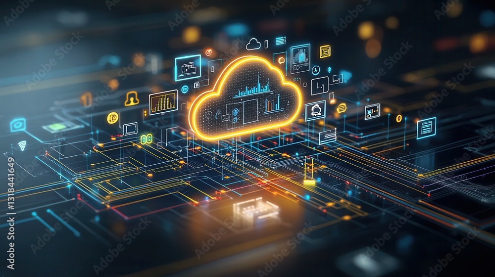 Poster futuristic neon style digital depicting a vast interconnected cloud based digital ecosystem with var
