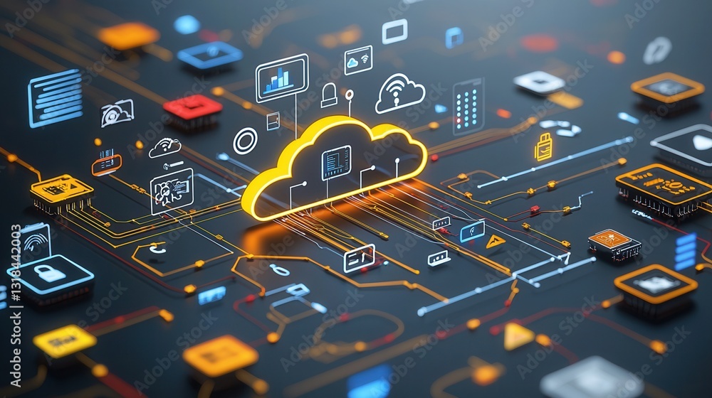 Poster futuristic neon style digital depicting a complex technology ecosystem with interconnected cloud com