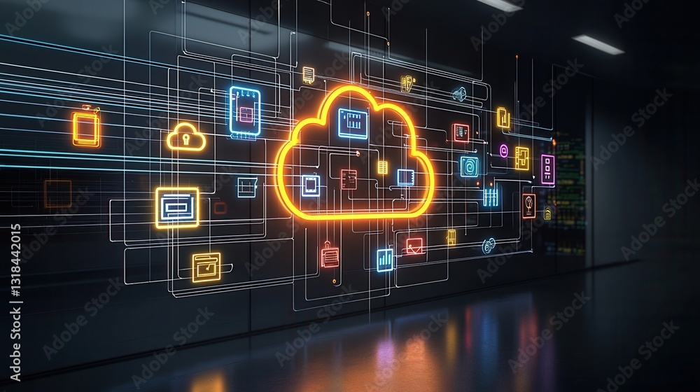 Poster a futuristic neon style digital depicting a complex cloud based technology network showcasing the in