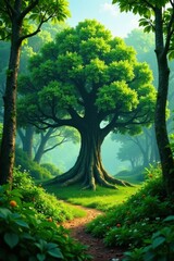 Fototapeta premium Lush green forest with a large tree in the center, wilderness, nature, trees