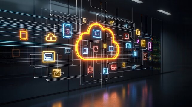 A futuristic neon style digital depicting a complex cloud based technology network showcasing the interconnectedness and advanced capabilities of modern digital infrastructure and data systems