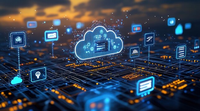 Futuristic network driven showcasing a holographic cloud computing system with advanced data storage communication and analytics capabilities