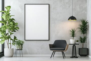 Mockup frame in a vertical format, placed within a modern room.