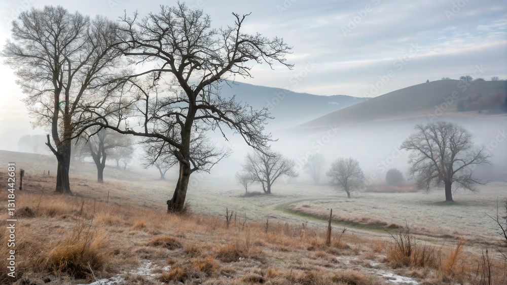 Poster a misty, winter landscape with bare trees standing tall in the foreground, revealing a valley obscur