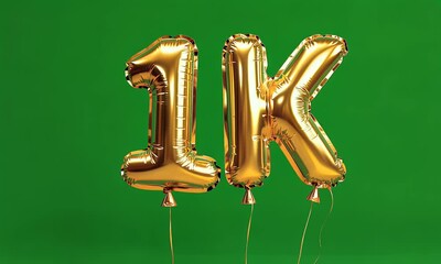 Elegant 1k gold foil balloons swaying smoothly in the air without strings, creating a celebratory scene on a vibrant green background