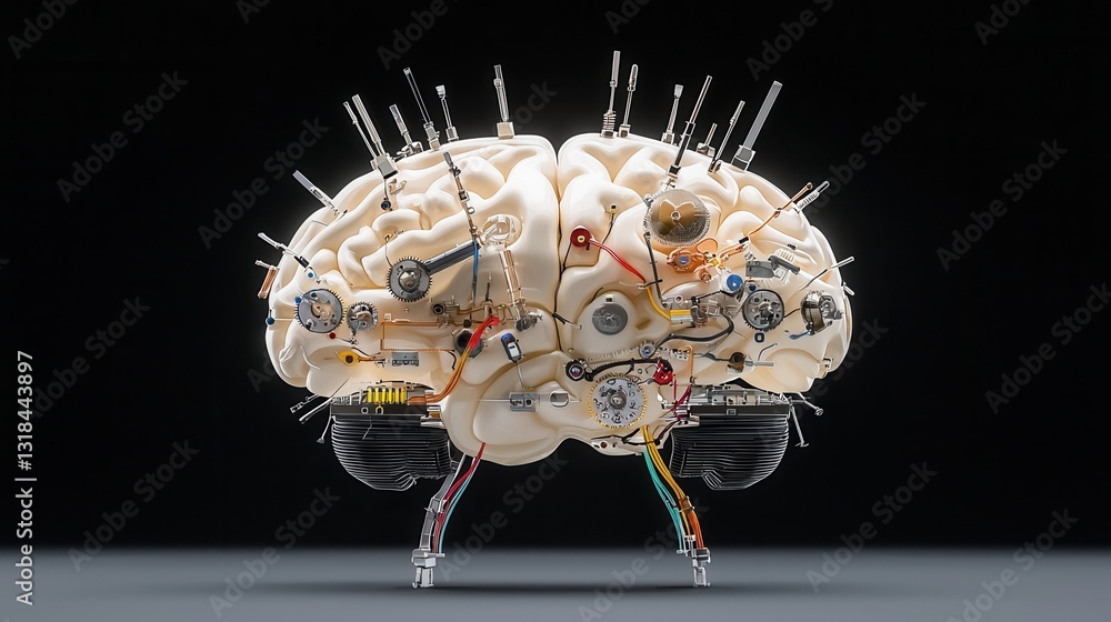 Poster a highly detailed and intricate steampunk inspired visualization of the human brain showcasing an ar
