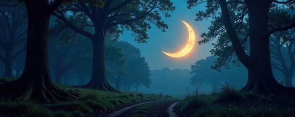 Crescent moon casting gentle glow on forest floor, crescent moon, trees