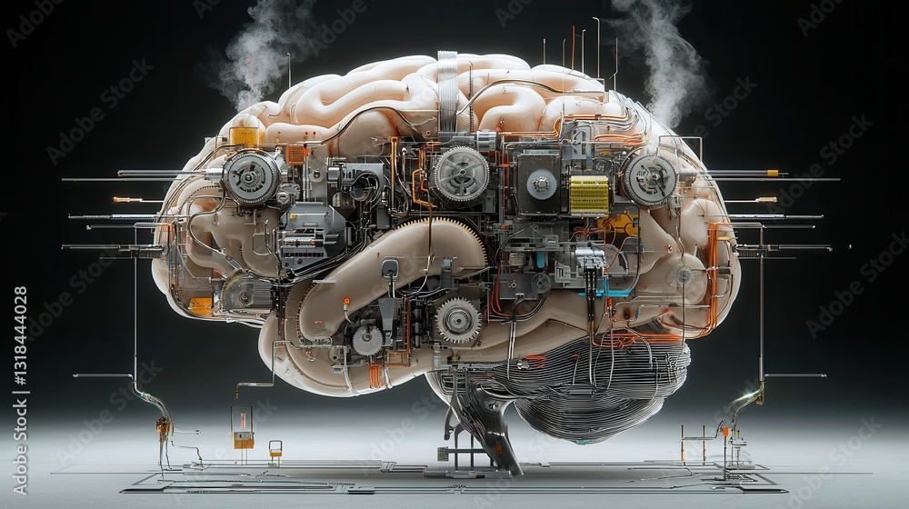 Poster a highly detailed and intricate steampunk inspired mechanical brain model featuring a complex networ