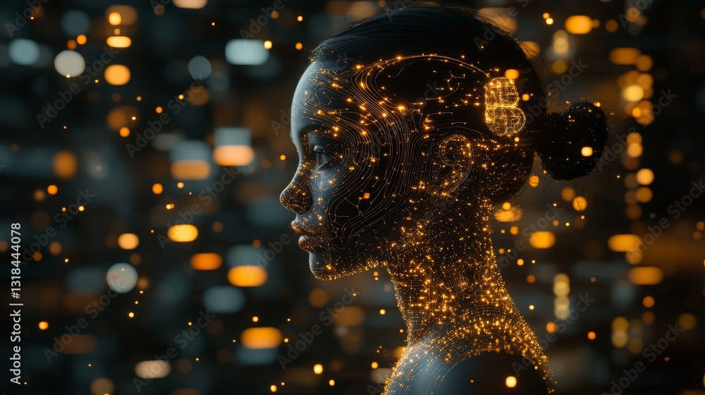 Poster bright neon colors illuminate a complex neural network in the side view of a humanoid head