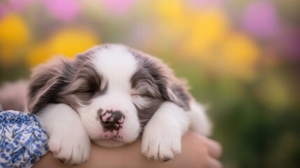 A young puppy rests comfortably on its owner's arms, surrounded by colorful flowers in bloom, capturing a peaceful moment in springtime