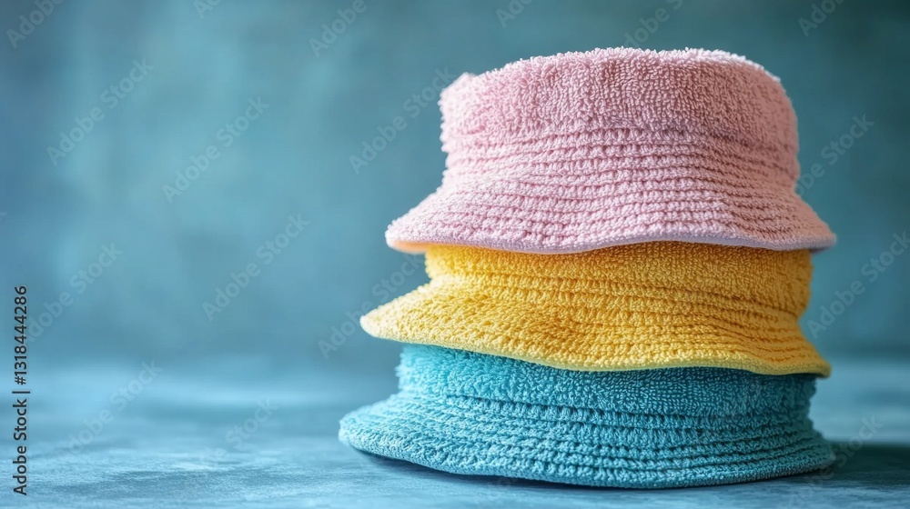 Poster three vibrant bucket hats sit neatly stacked, showcasing their soft textures and playful colors of p
