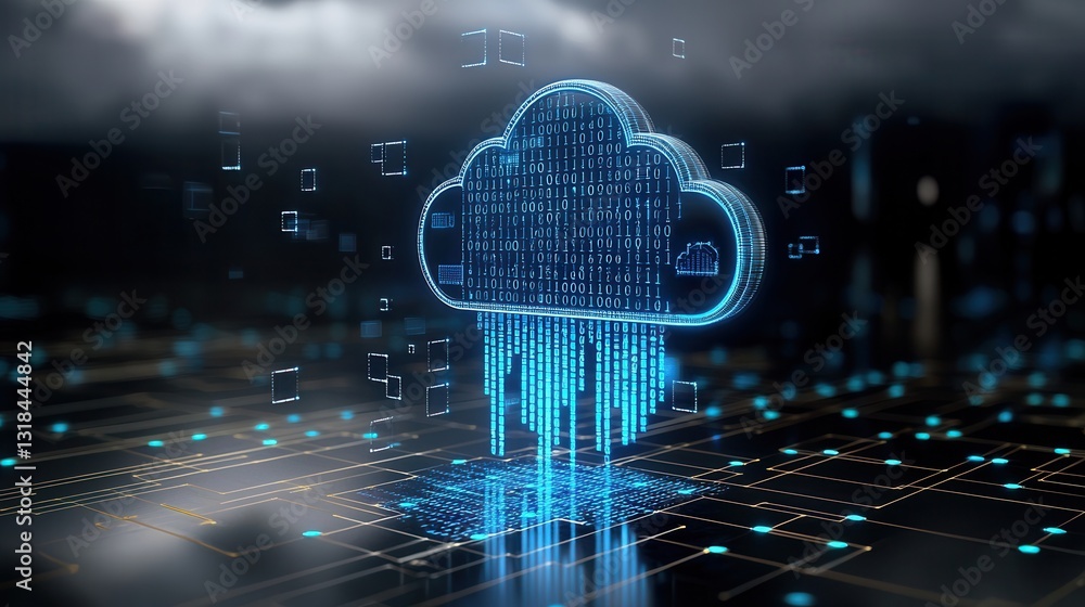 Poster a high tech futuristic 3d rendered composition depicting a cloud based digital infrastructure with v