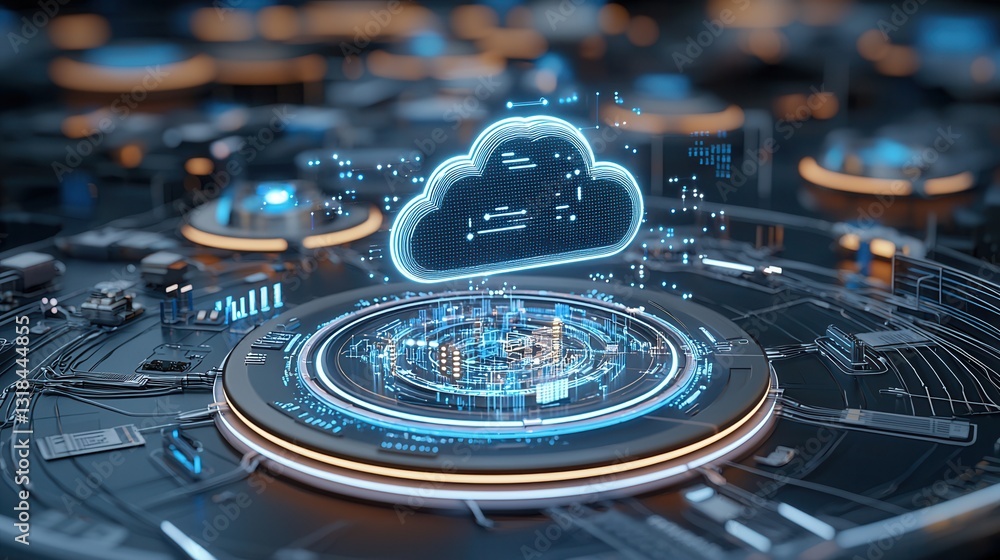 Poster luminous cloud computing data center futuristic digital interface for advanced technology and intell