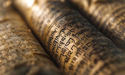 Close-up of an ancient scroll with flowing script and symbols written in the style of hebrew.