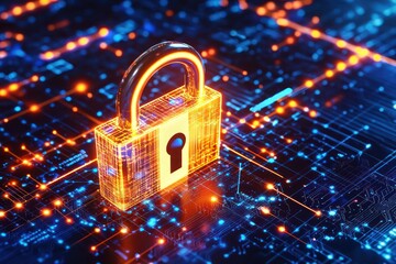 Cybersecurity shown with glowing lock on a network background.
