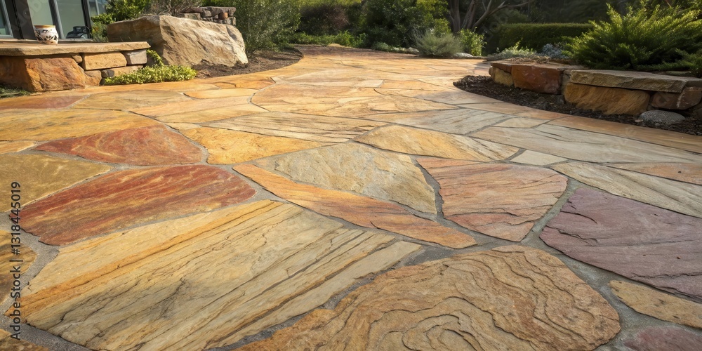 Aufkleber A meandering pathway constructed of natural stone, showcasing an array of warm hues and textures, creating a visually appealing and rustic outdoor space.